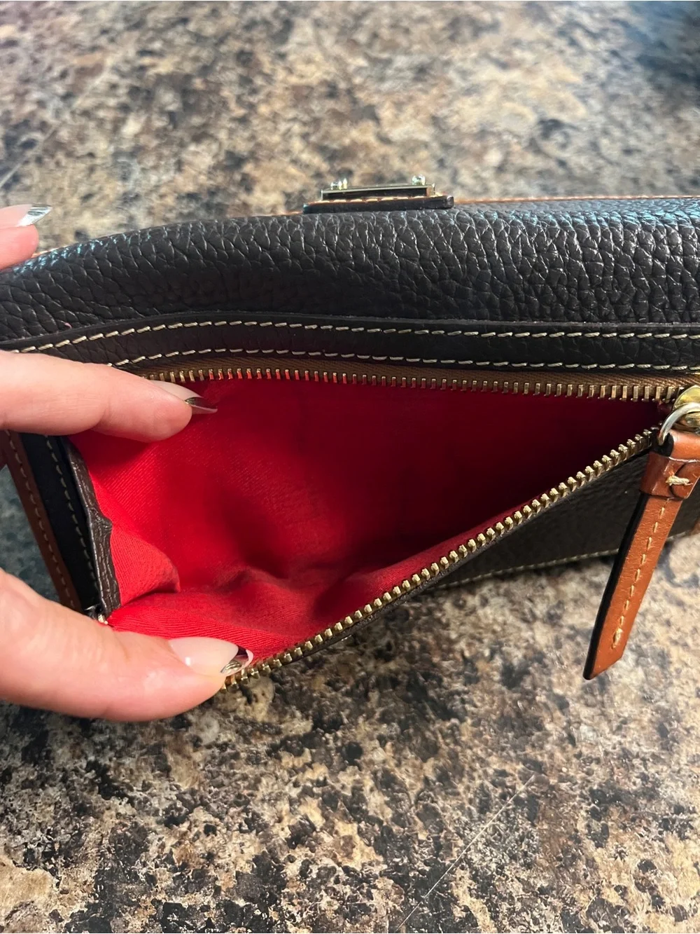 Dooney & Bourke Dark Brown Pebbled Leather Wallet with Tan Trim
